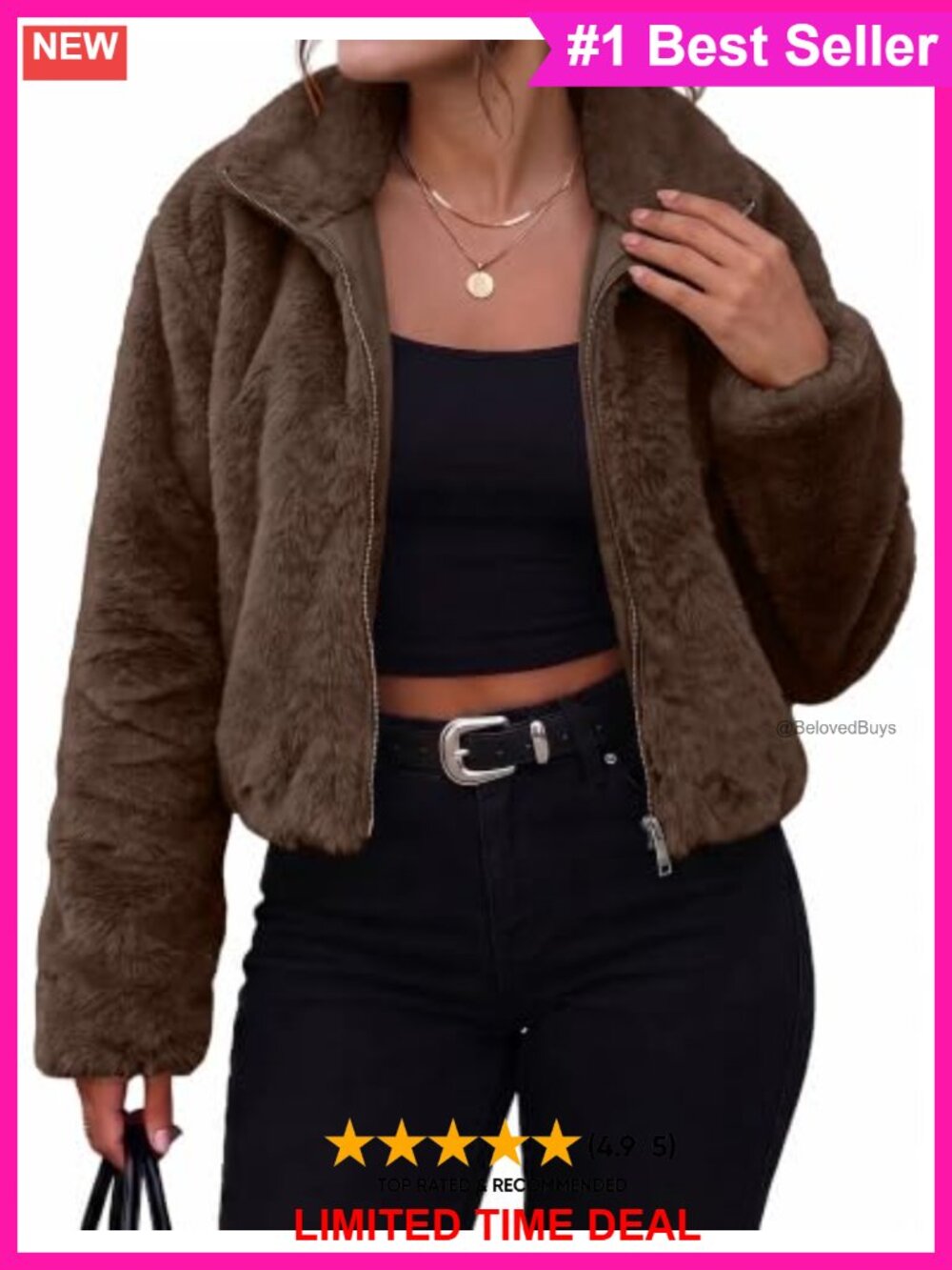 Faux Fur Cropped Zip Jacket Lapel Collar Fuzzy Winter Coat